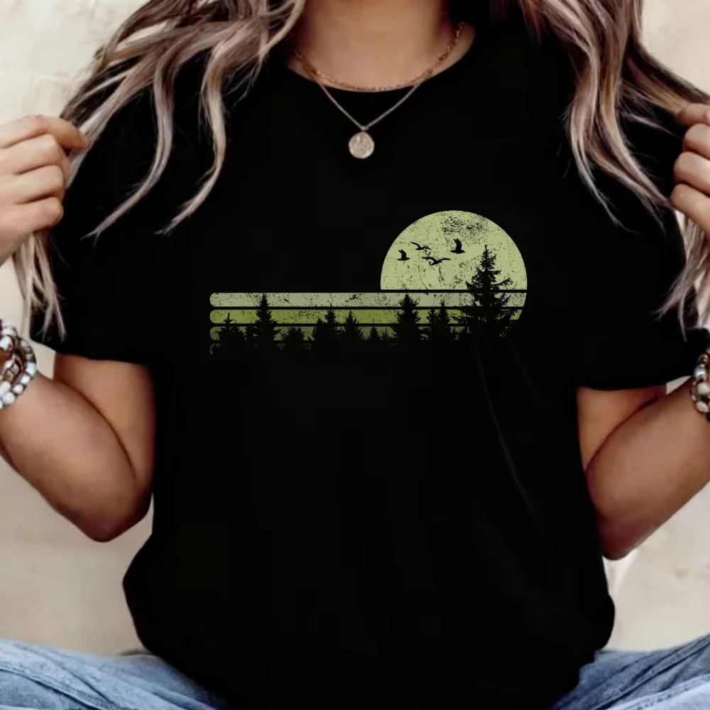 Vintage Forest Nature Trees Hiking Outdoor Wildlife T-Shirt Cotton Casual Short Sleeve Outdoor Nature Unisex Streetwear Tee Tops