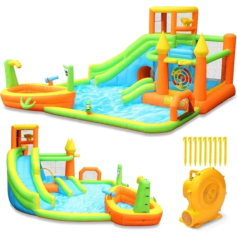 Parque inflable con tobogán acuático, castillo grande, casa hinchable divertida, toboganes dobles, pared trepadora, baloncesto, fútbol, tiro con arco