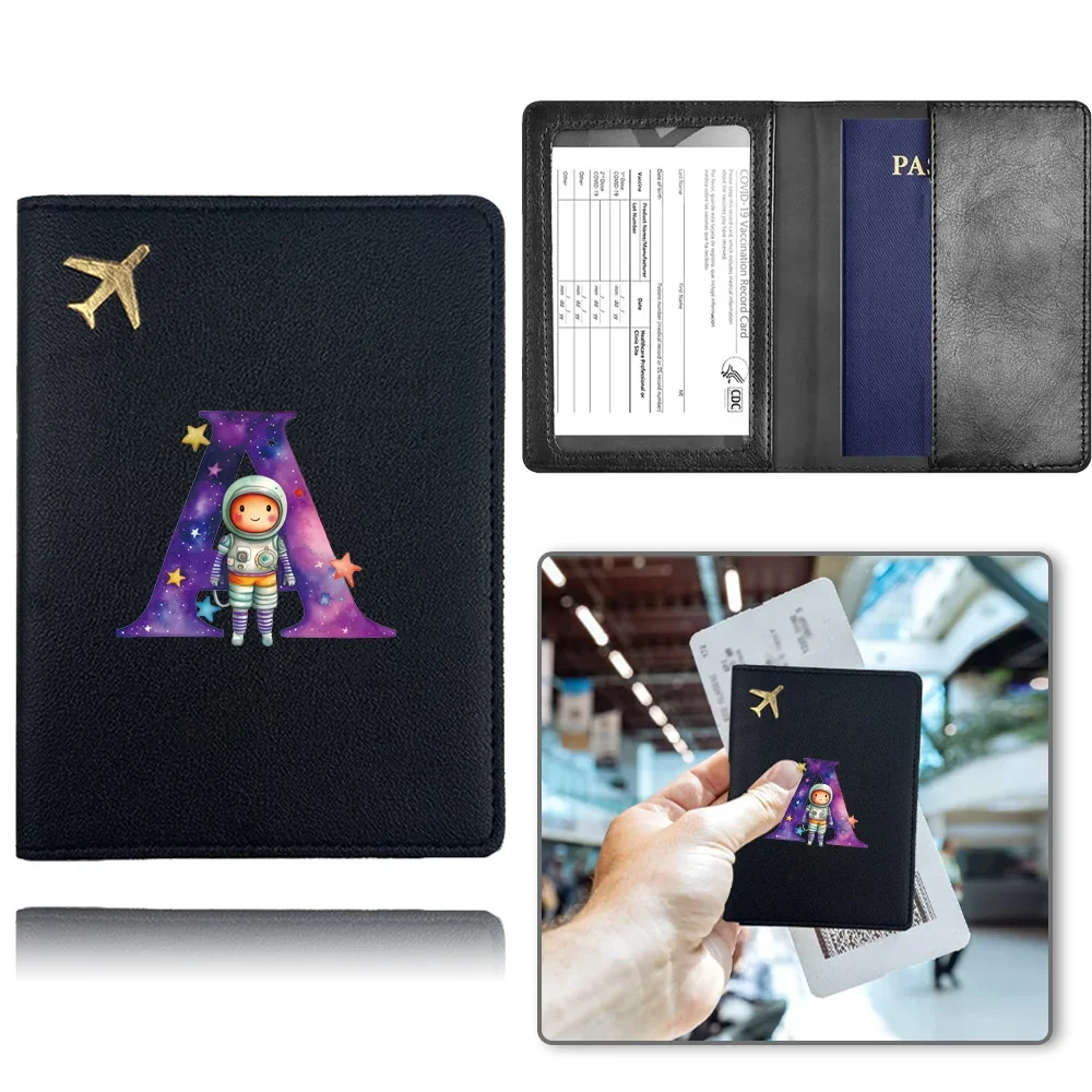 Pu Travel Passport Cover Airplane Passport Case Pocket Business Passport Clip Bank Card Organizer Cover Astronaut Letter Pattern