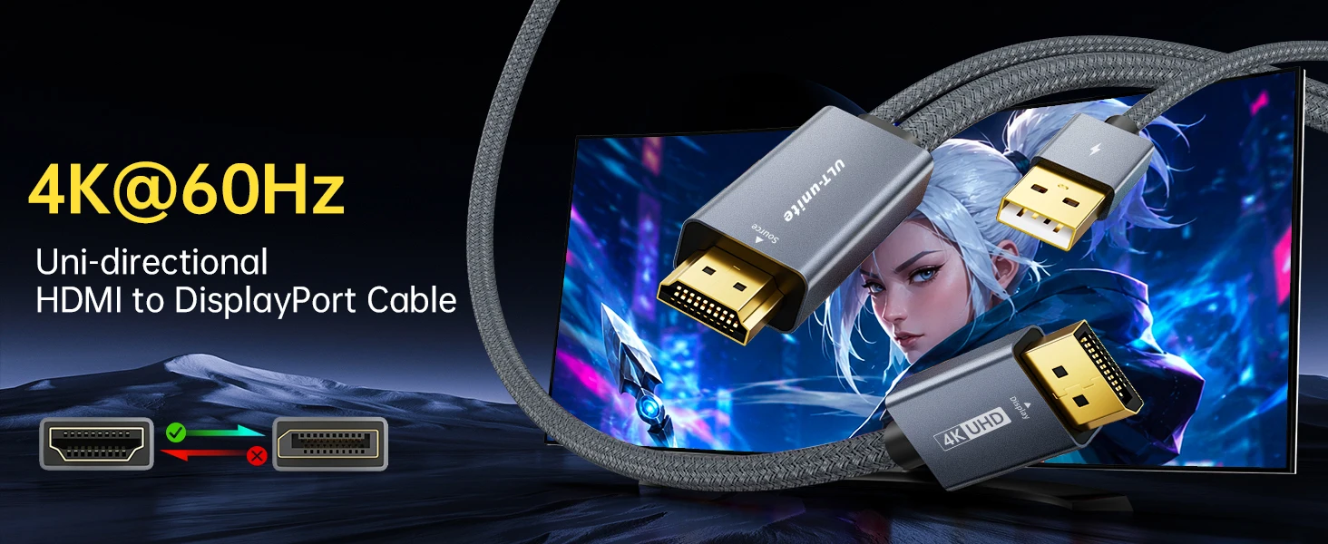 ULT-unite Aktives HDMI-zu-DP-Kabel 4K 60Hz, 2K@120Hz Einweg-HDMI-Quelle zu DisplayPort-Monitor-Adapter DisplayPort-Kabel für PS5 – Detail 2
