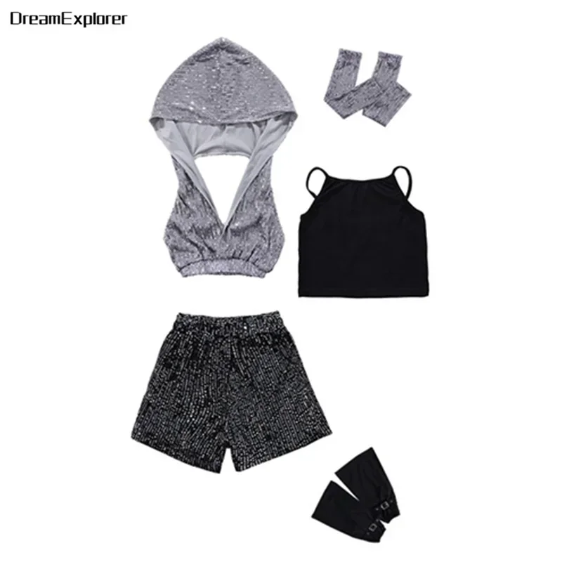 Meisjes K-Pop Lovertjes Crop Hoodies Streetdance Short Pu Lederen Cargo Broek Kids Hiphop Jazz Rokken Kleding Set Kinderkleding
