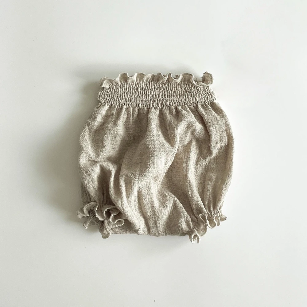 Linen Cotton Newborn Bloomer Shorts Ruffle Leg Smocked Waist Baby  Photography Props Photo Shoot Outfit
