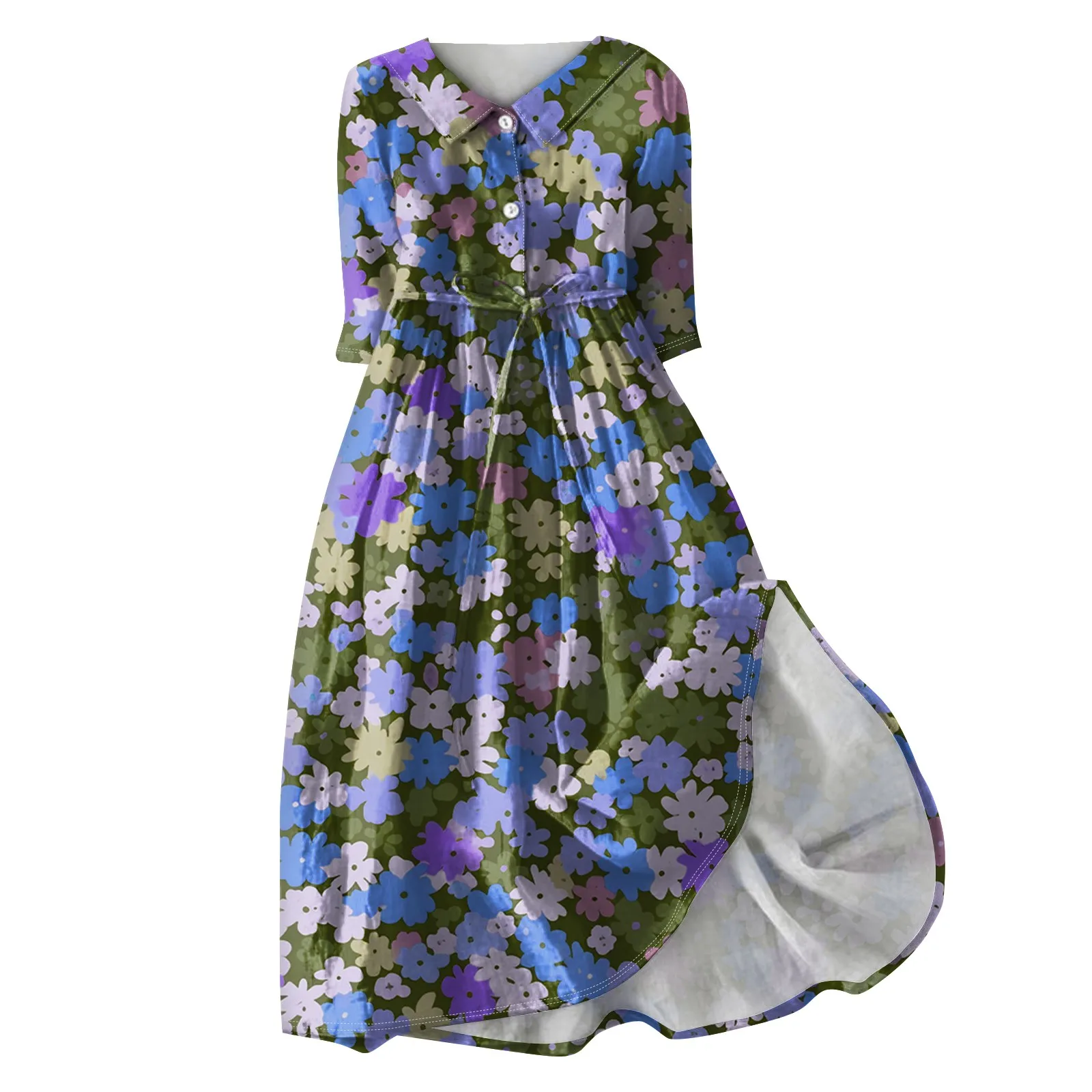 فستان نسائي كلاسيكي مطبوع بأزرار لأعلى ، كم ، ياقة قلاب ، خصر مرتفع ، رباط ، فستان مزين بأربطة ، موضة كلاسيكية