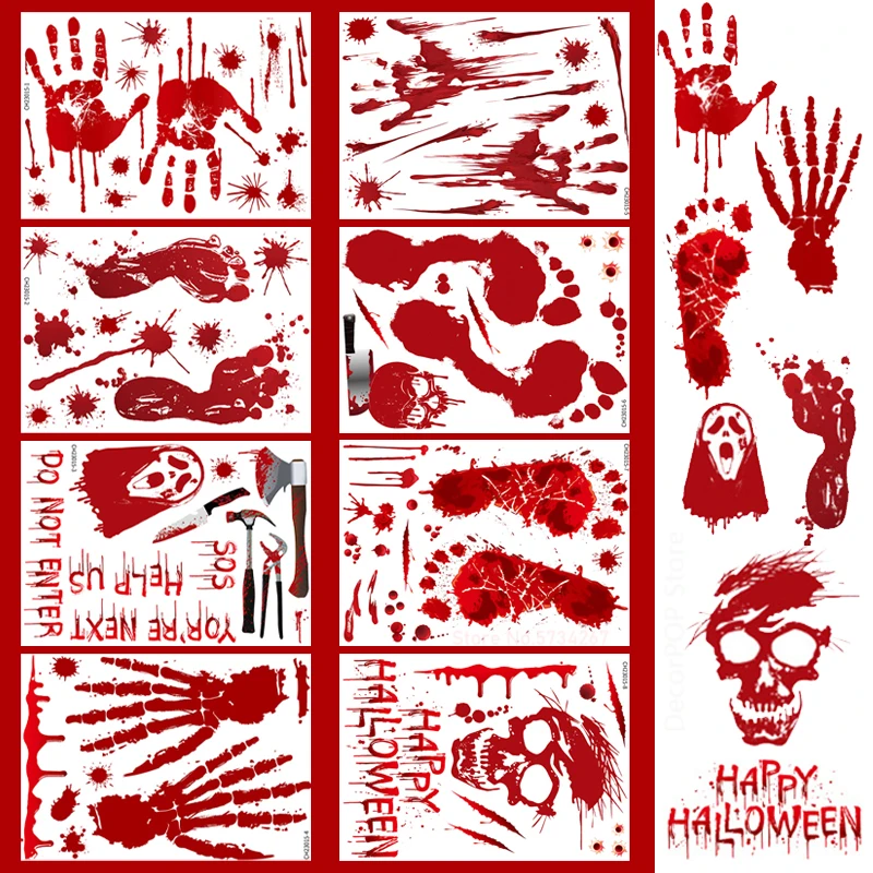 Horror Bloodstain Handprint Footprint Blood Skull Halloween Stickers Wall Window Floor Decor Scary Sticker Haunted House Decor