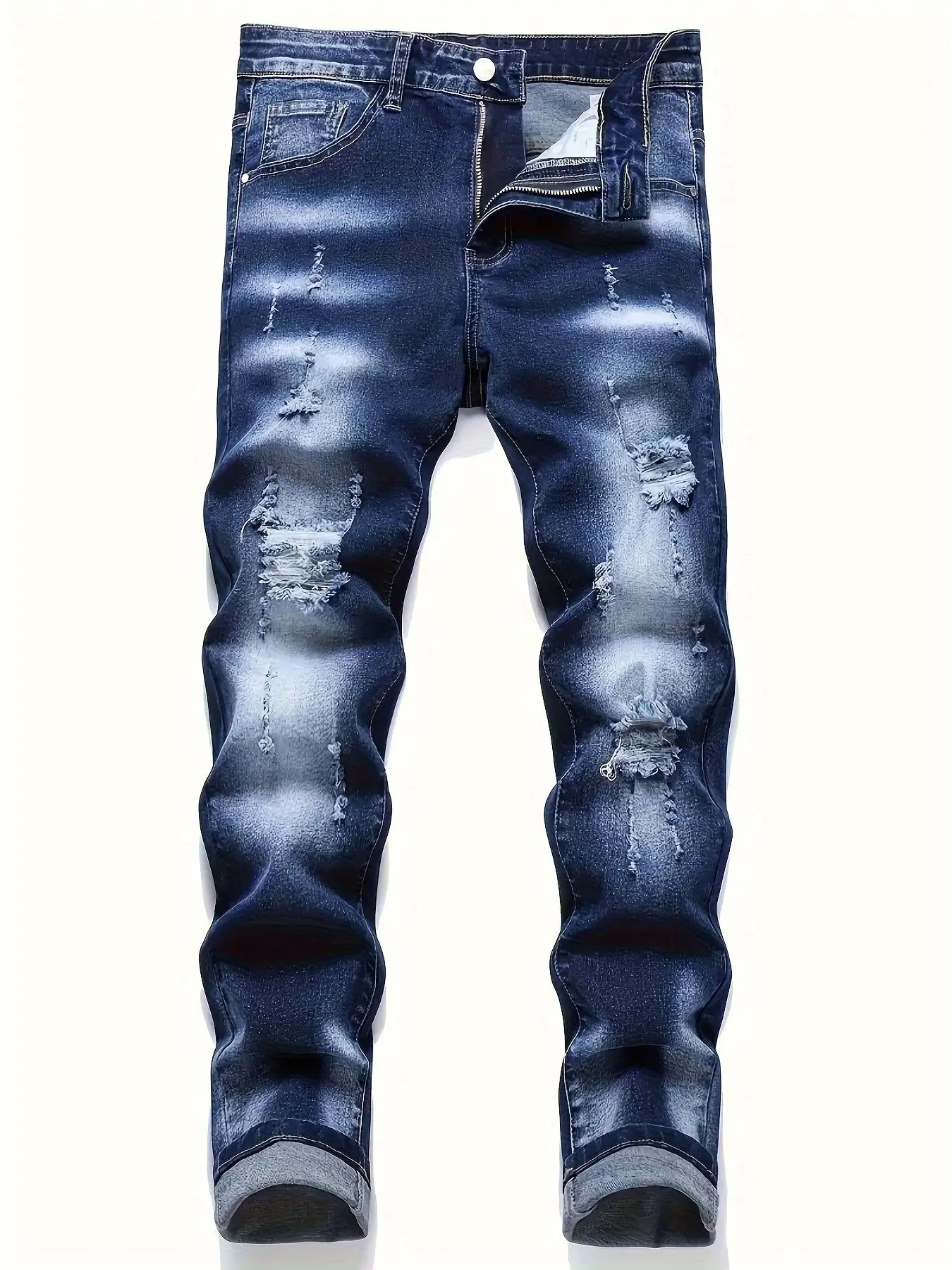 

New men's jeans with holes, elastic tight fit, blue denim pants, fashionable straight leg jeans, men's clothing for all seasons
