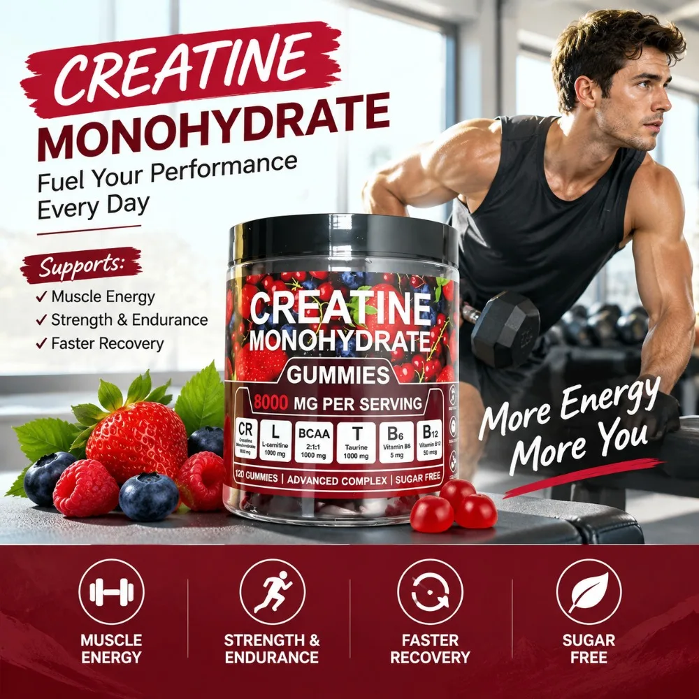 Creatine Monohydrate Gummies for Muscle Strength, Workout Energy & Recovery, 5000mg with L-Carnitine, BCAA & Taurine 120 Count