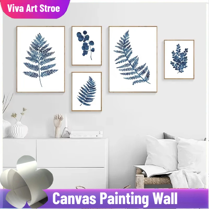 Arte de Pared con Flores Silvestres Azules Prensadas, Pintura en Lienzo, Pósters Estilo Hampton, Impresiones Botánicas, Cuadros Azules y Blancos, Decoración del Hogar