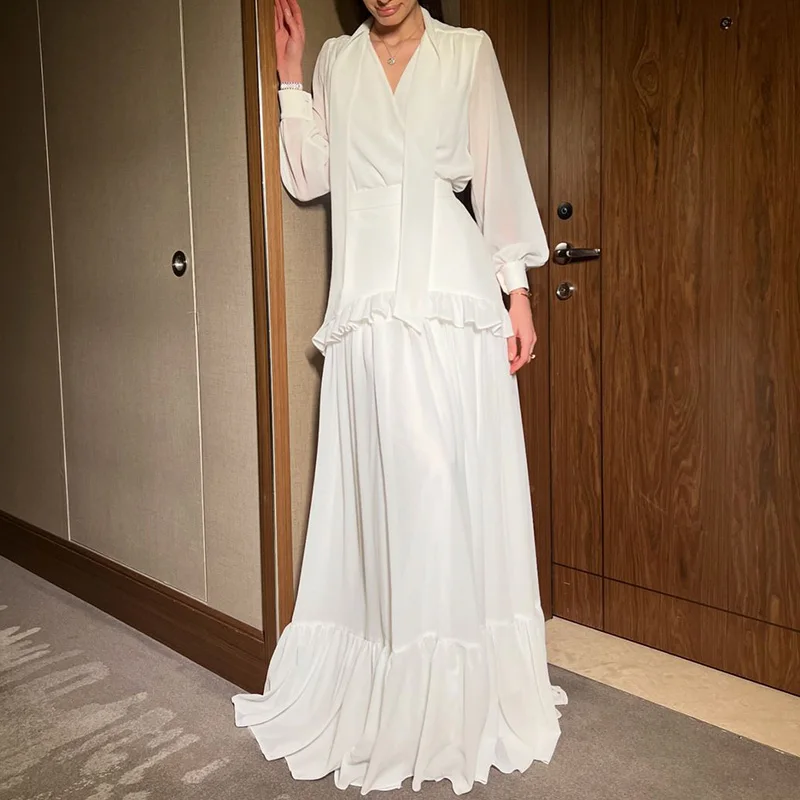 

Elegant Chiffon Splicing Solid 2Pc Suit Women Casual Long Sleeve Pleated Shirt Outfits Sexy V-neck Shirt & Long Skirt Solid Sets