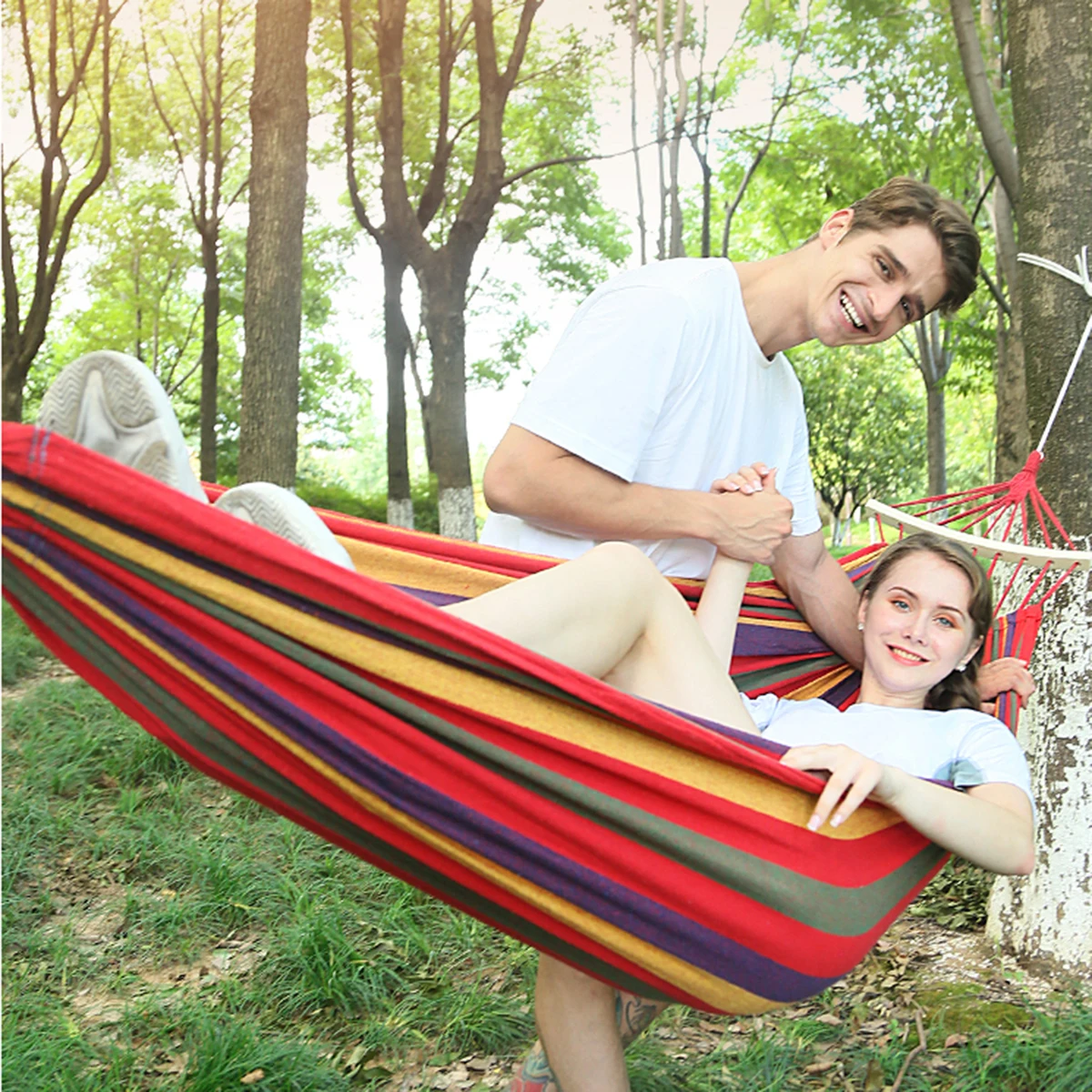 

190x150cm Multi-Functional Stripe Hammock Foldable Anti-Roll Design for Outdoor Camping Travel Garden Use Outdoor Hammock