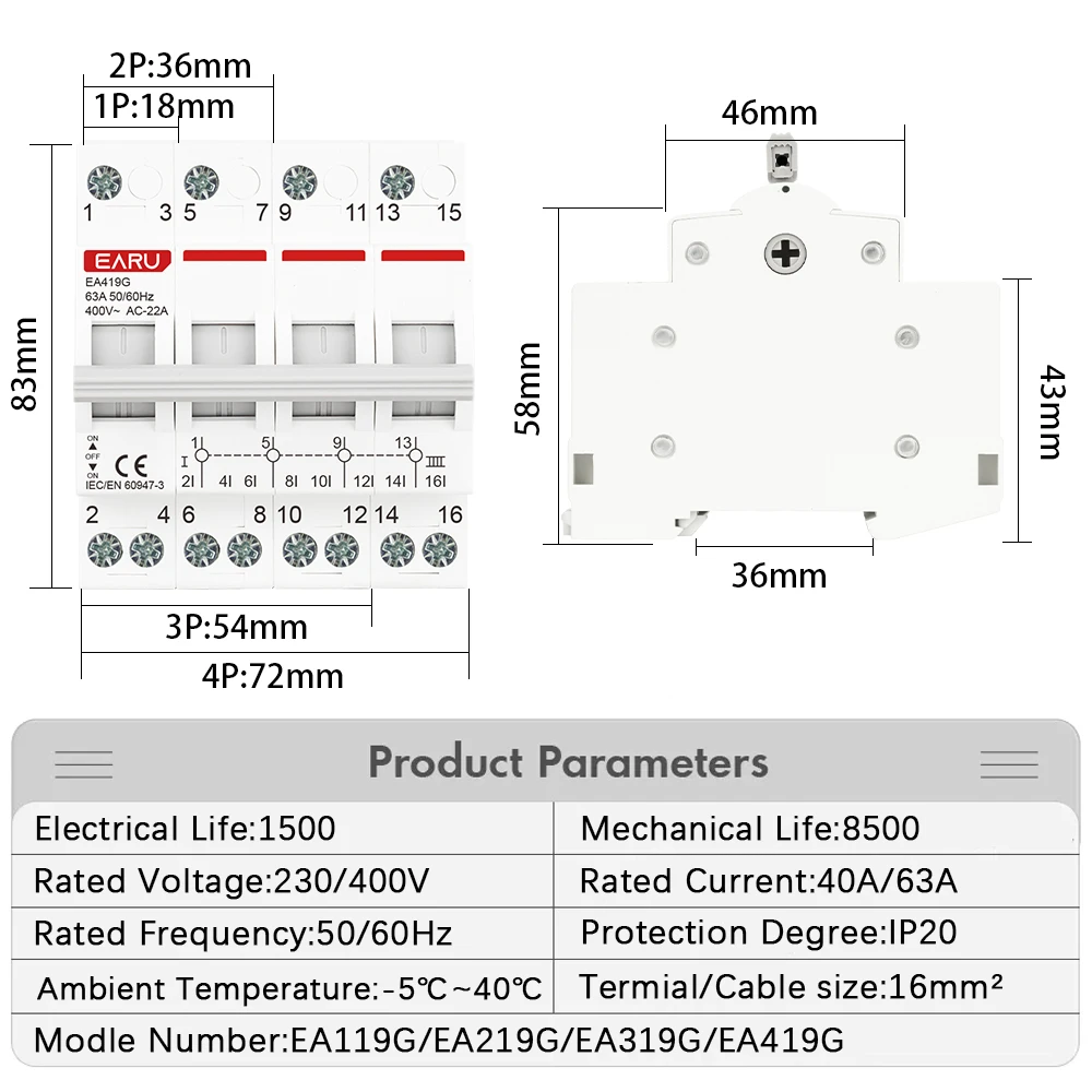 MTS Dual Power Manual Transfer Interlock Circuit Breaker Din Rail Mounted Isolating Disconnect Switch 1P 2P 3P 4P 40A 63A 125A