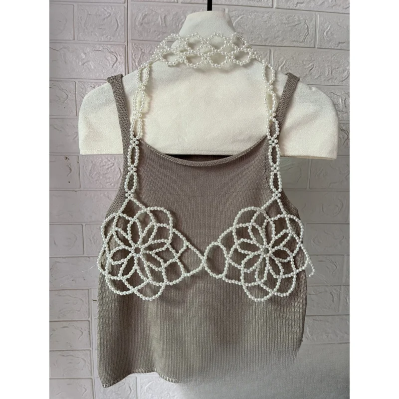 

Оригинальный дизайн, жилет с цветочным жемчугом и ремешком для женщин, бюстгальтер с лямкой на шее ручной работы из бисера для верхней одежды, сексуальный дизайн с вырезами