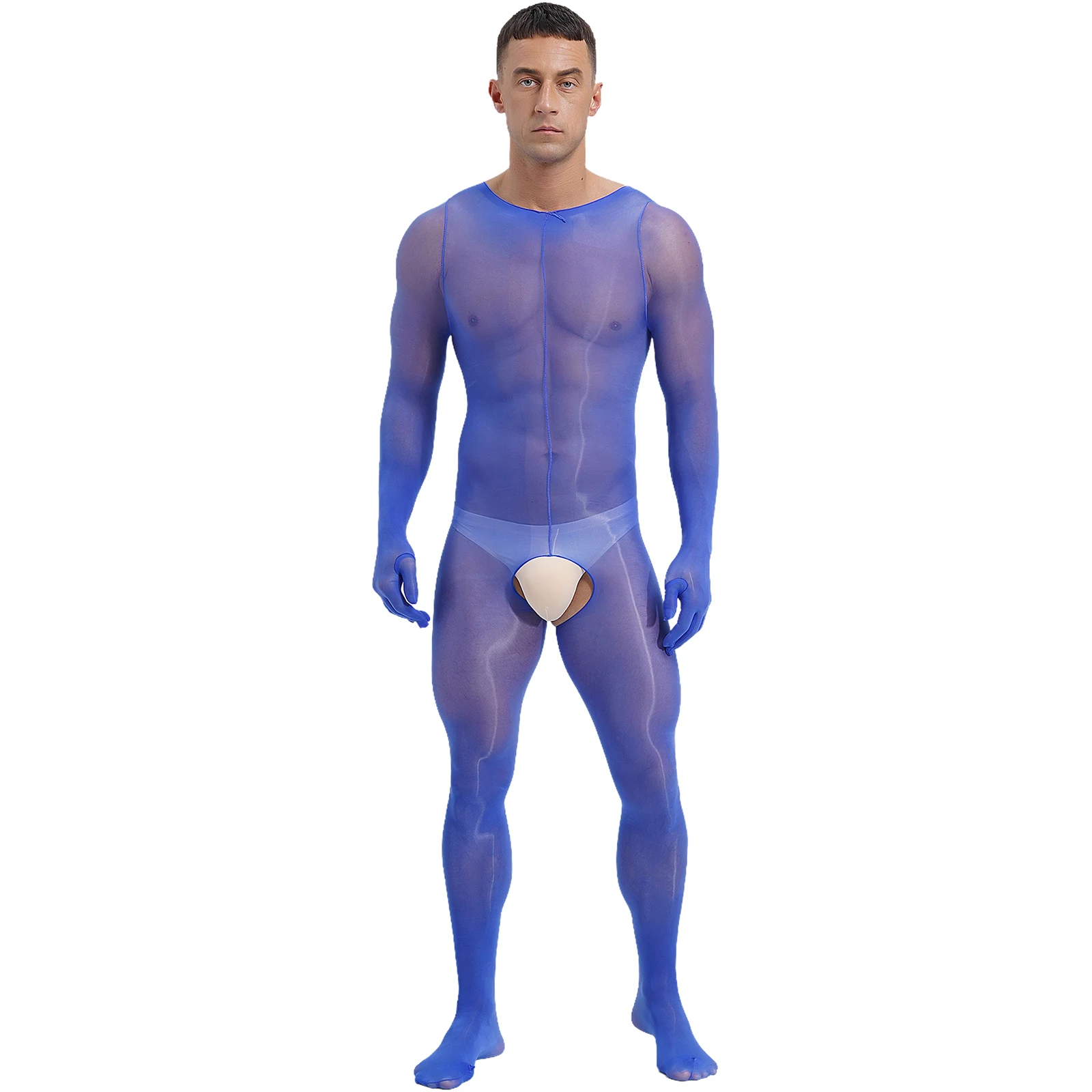 

Sexy Mens Glossy Bodystockings See-through Teddies Full-body Bodysuit Long Full Finger Gloves Jumpsuit Unitard Spicy Nightwear