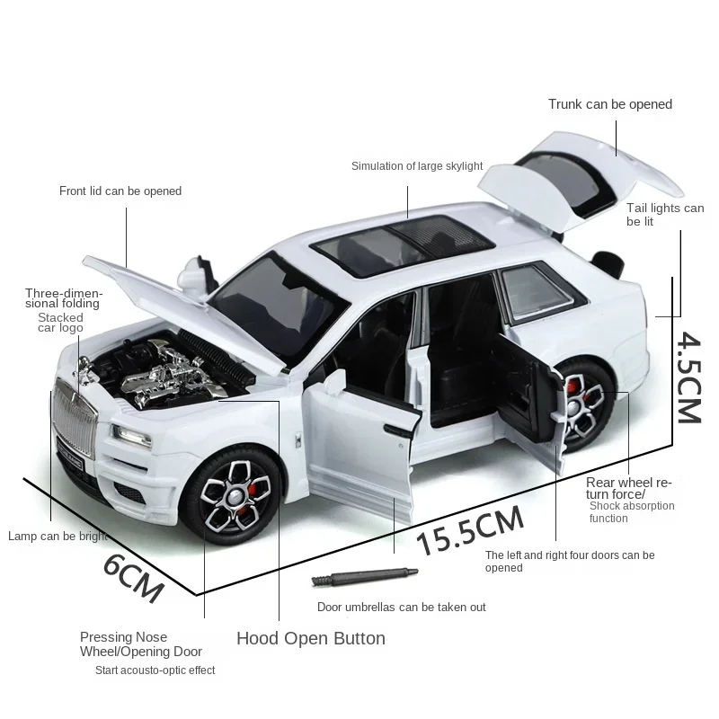 Symulacja 1/32 Skala Rolls Royce Cullinan Alloy Car Model Dźwięk Światło Dzieci chłopiec Diecast Zabawka Pojazd Miniaturowy Voiture