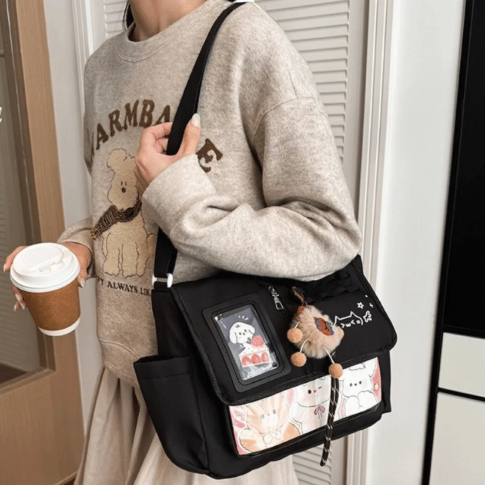 Lightweight Waterproof Transparent Crossbody Bag Large Capacity Kitten Pattern Japanese Harajuku Bag Badges Display Plate PVC