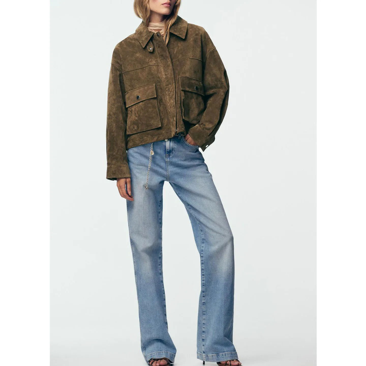 Fall New Women's Long Sve Suede Pilot Jaet Coat Flip Collar Leather Resistance Faion Outerwear Casual Loose Fit Zipper