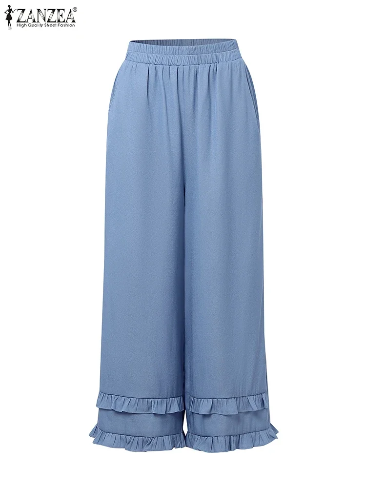 ZANZEA femmes Vintage pantalon à jambes larges 2025 automne taille haute pantalons longs décontracté taille élastique ample surdimensionné à volants Pantalons