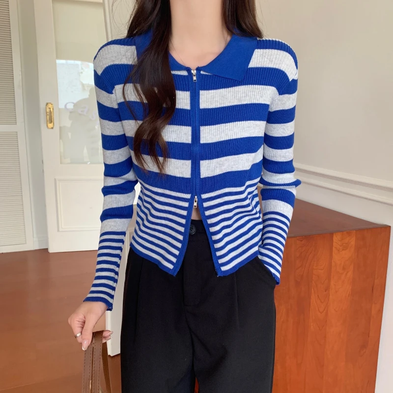 Color Blocking Striped Polo Collar Knitted Cardigan for Women's Autumn and Winter Niche Sweater Slim Fit Long Sleeved Top