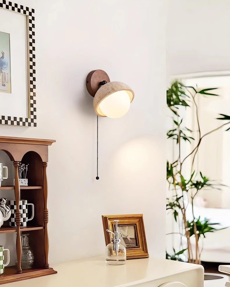 Dark Wood Base LED Wall Lamp Real Stone Vintage Sconce