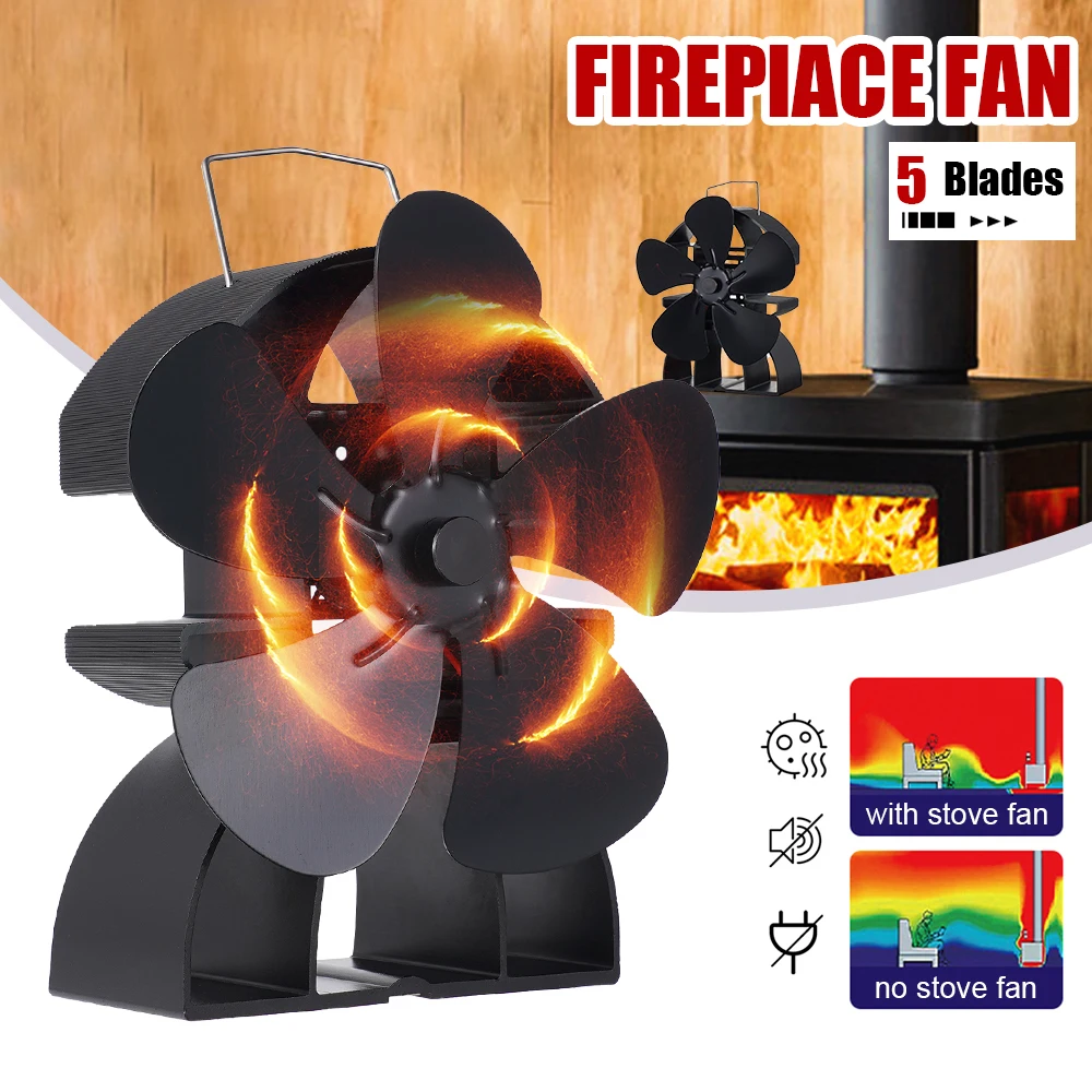 Black Fireplace 5 Blades Heat Powered Stove Fan Log Wood Burner Ecofan Efficient Heat Distribution Quiet Home Fireplace Fan