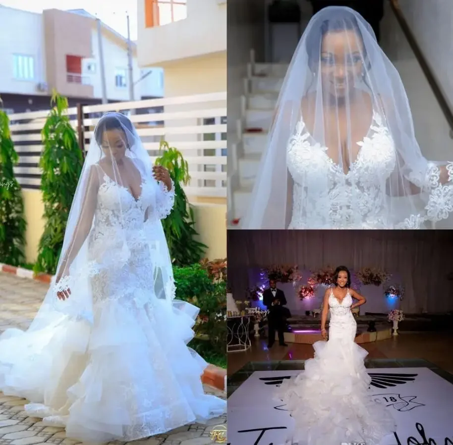 Customized V Neck Tiered Mermaid Wedding Dresses Luxury Lace Appliqued Crystal Beaded Plus Szie African Bridal Gown Bride Bridal