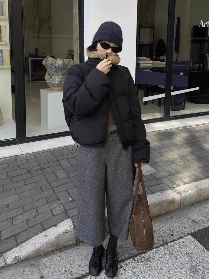 Faionable ort Du down Jaet Women's Zipper Collar Color Blo Winter Outerwear Korean Sle Warm Thiened Polyester