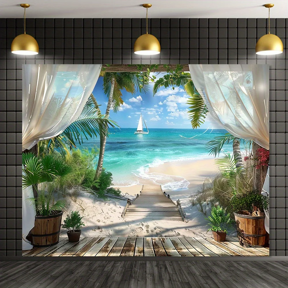 Ein Sommer-Hintergrundtuch, Fotohintergrund im mediterranen Stil mit Schloss und Meerblick
