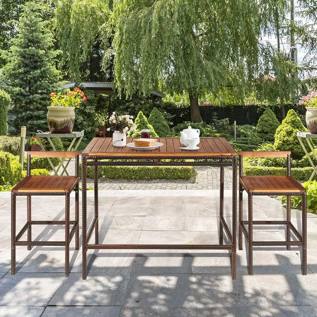 Outdoor Patio Rattan Bar Dining Set Acacia Wood Table & 2 Chairs Space-Saving Compact Easy Assembly, Customized