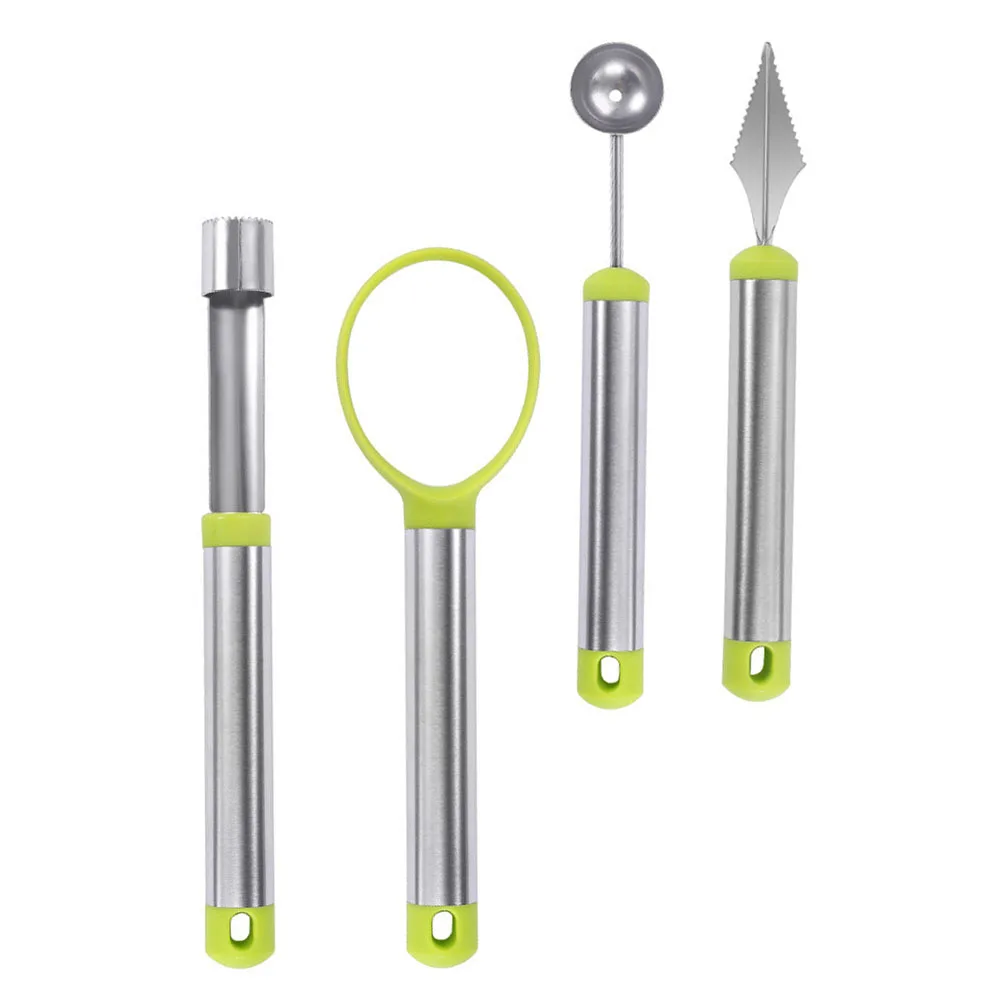 

4pcs Stainless Steel Fruit Ball Digger Set Kitchen Gadget For Melon Watermelon Cucumber Pitaya Carving Tool Portable Fruit