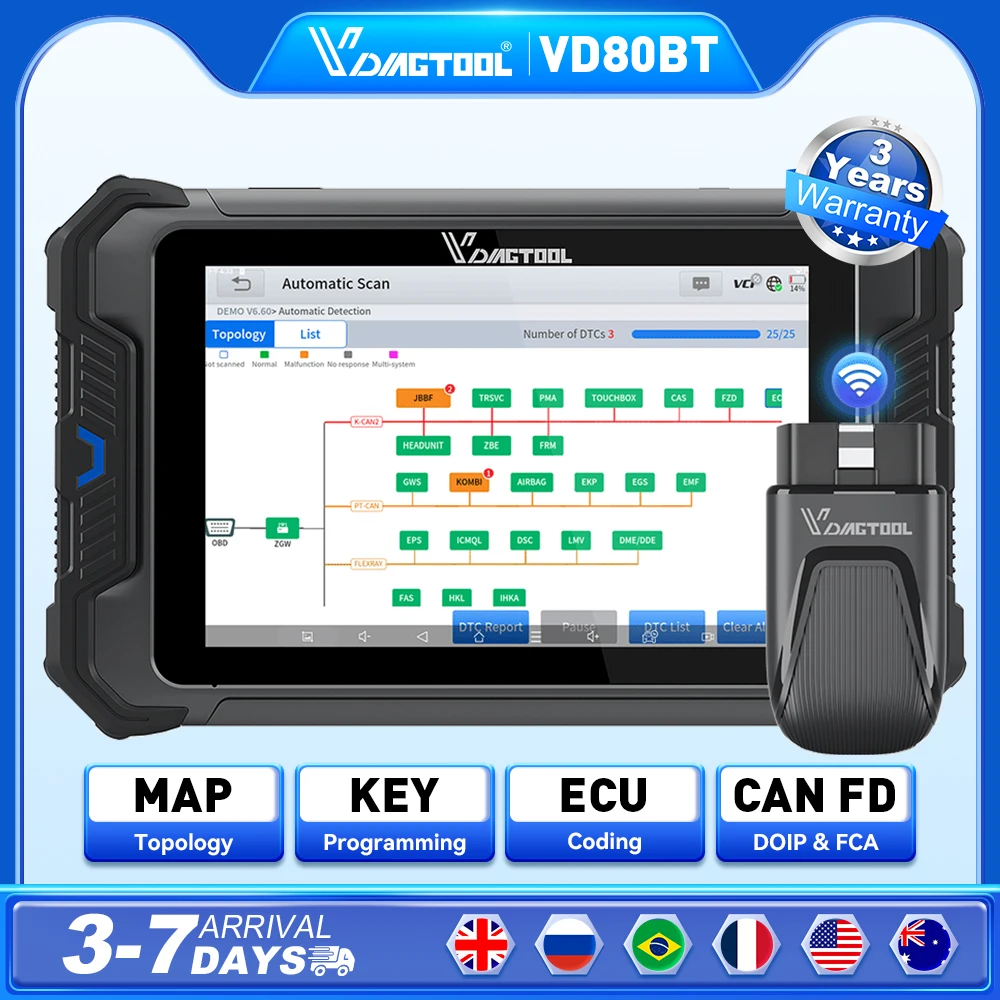 

VDIAGTOOL VD80 BT Автомобильный сканер Автомобильные диагностические инструменты Топология Карта двунаправленного кодирования ECU Онлайн-кодирование CAN FD DOIP FCA