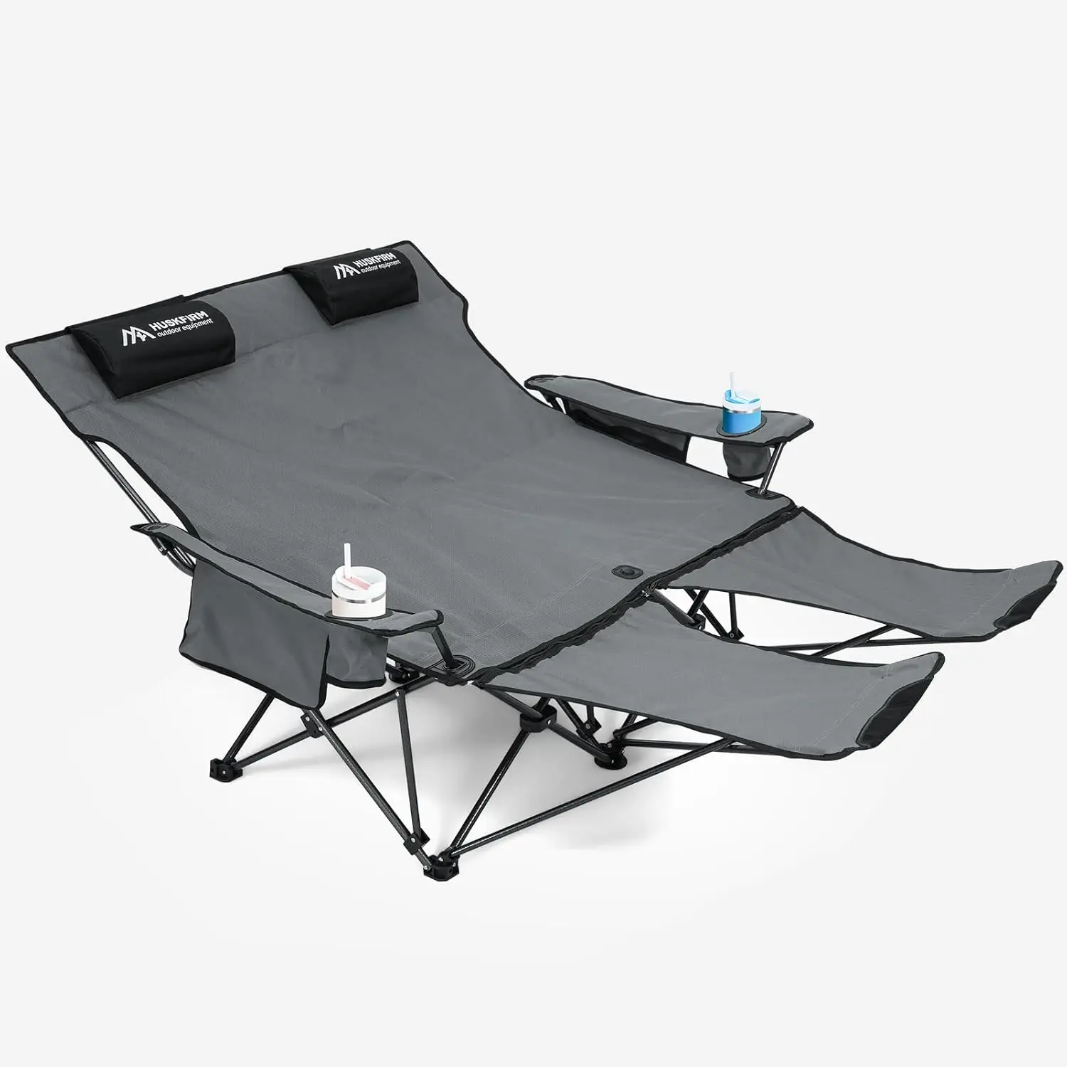 

Double Camping Chair With Foot Rest, Reclining Camp Chair For 2 Person Outdoor Lawn Beach Patio, Portable Folding Lounge