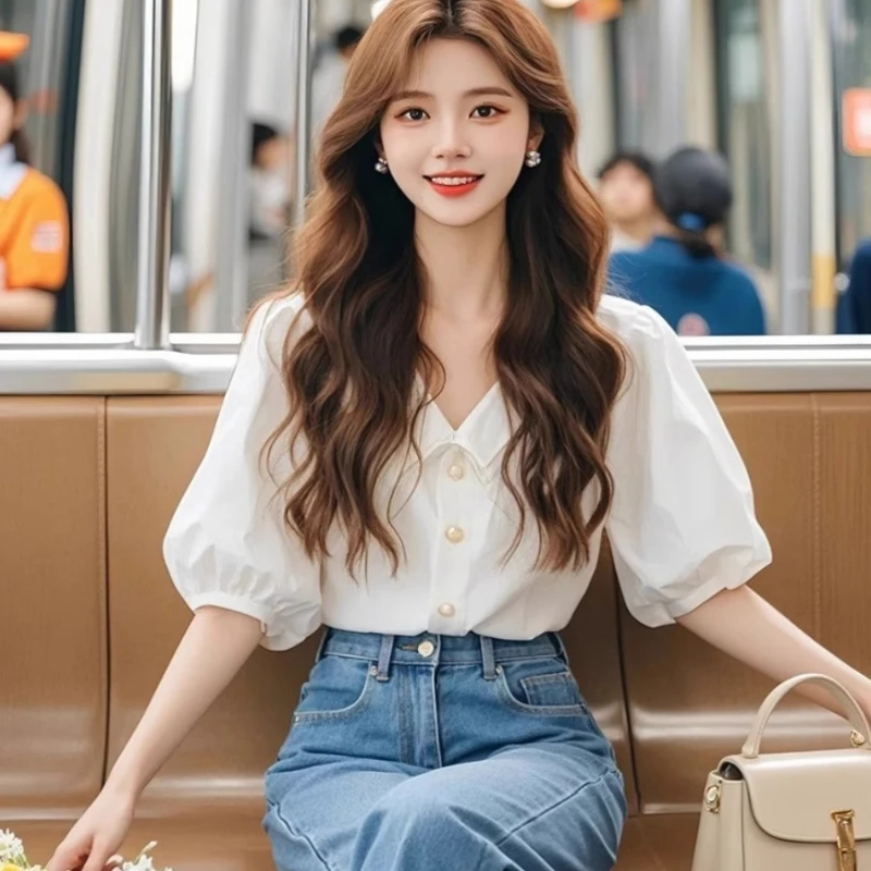 Chemisiers blancs pour femmes, chemises coréennes, mode Slim Fit printemps/été, vêtements de bureau pour dames, couleur unie, manches courtes, hauts pour femmes