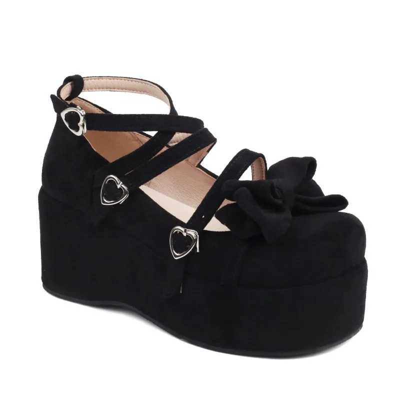 Women's Platform Suede Mary Janes Ankle Heart Buckle Lolita Gothic Princess Thick Sole Wedges Pumps Dress Shoes Plus Size 34-43