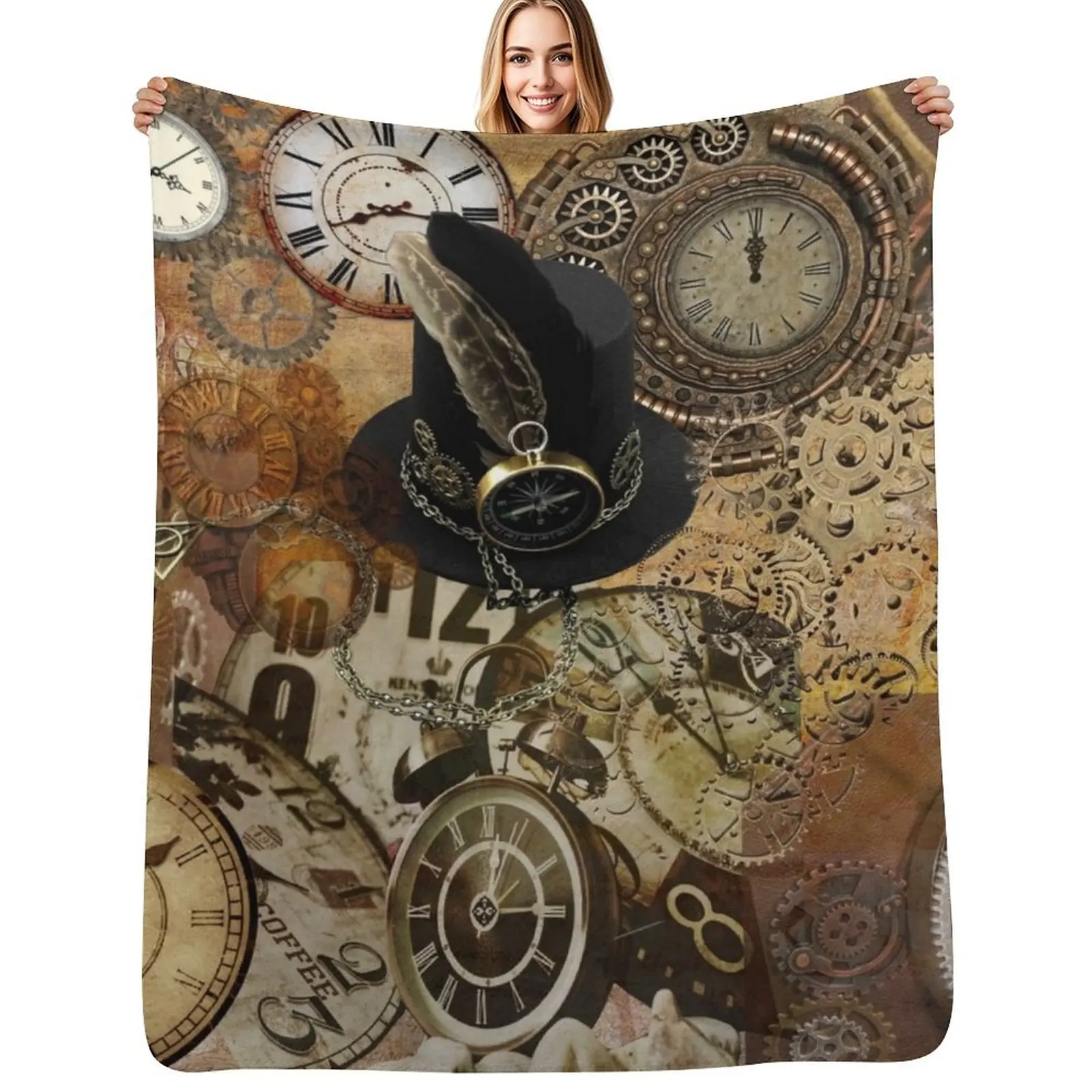 

Time and Motion Steampunk Digital Collage Throw Blanket Color Fast Cozy Throw Blanket