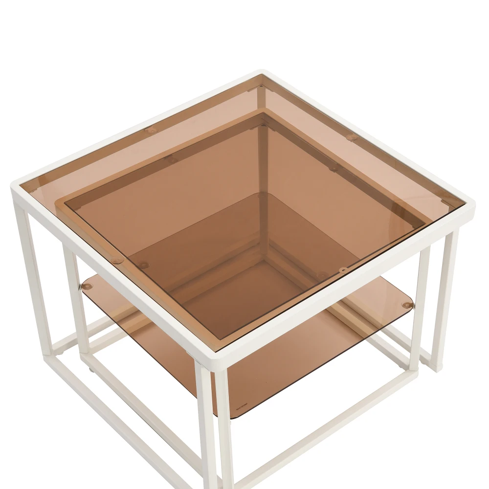 Modern nested coffee table set with a combination of high and low,Brown tempered glass cocktail table with metal frame