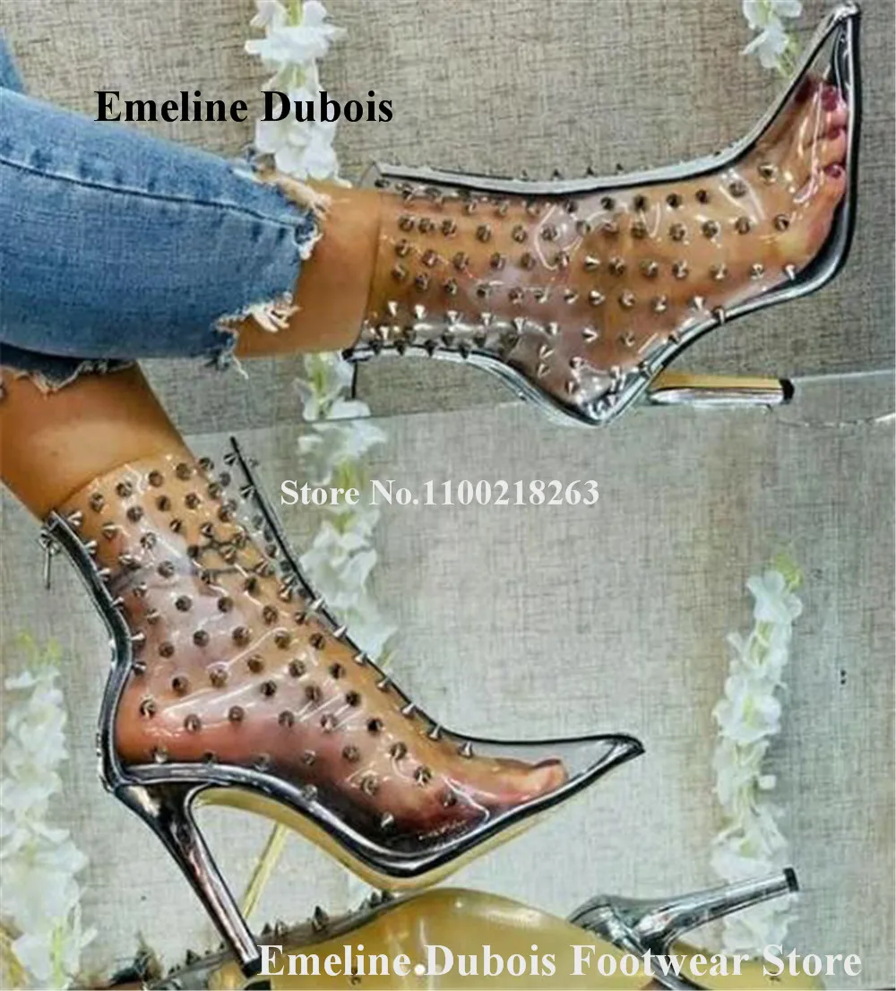 Sexy Clear PVC Rivets Short Boots Emeline Dubois Newest Pointed Toe Transparent Patchwork Silver Stiletto Heel Ankle Booties