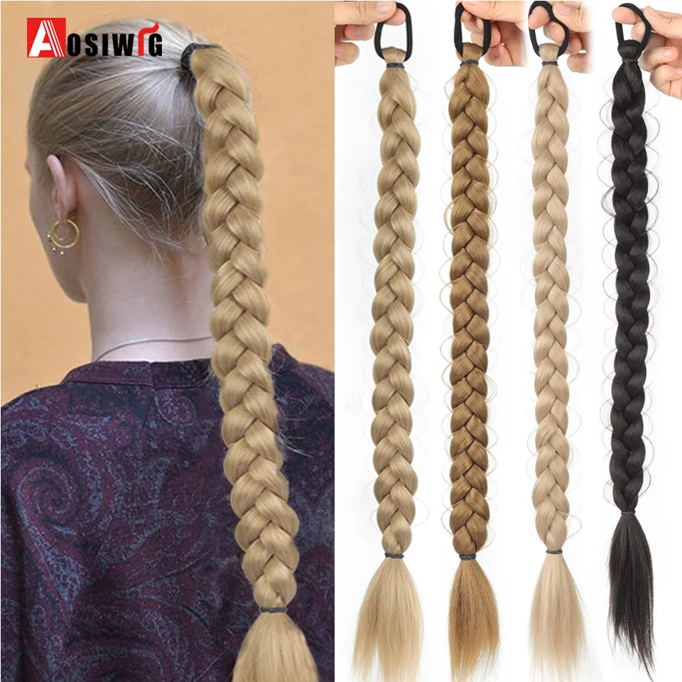 

24Inch Synthetic Braided Ponytail Hair Extension With Rubber Band Boxing Braids For Women Hair Accessories Long Black Braids