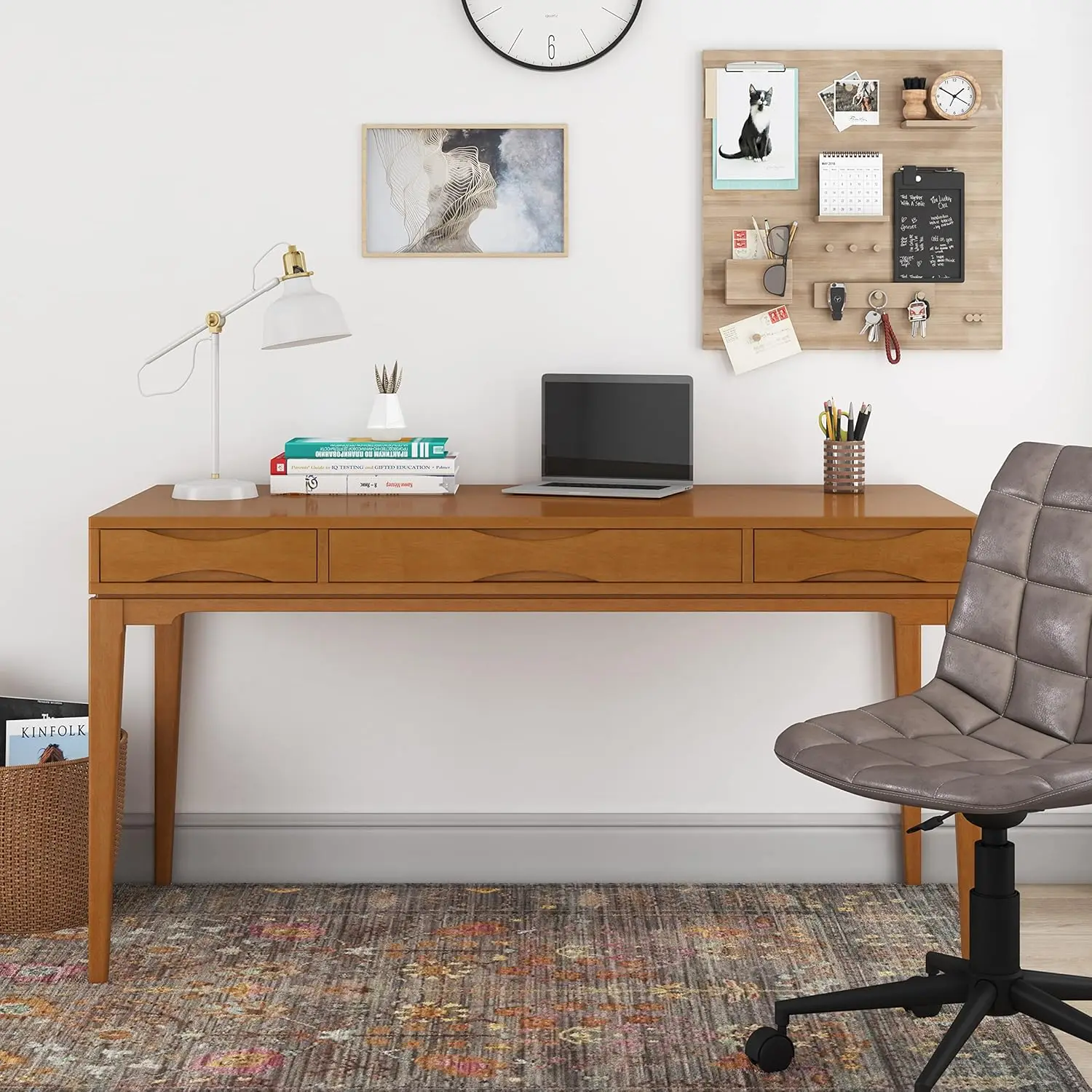 WOOD Mid Century Modern 60 inch Wide Home Office Desk, Writing Table, Workstation, Study Table Furniture in Light Golden Brown