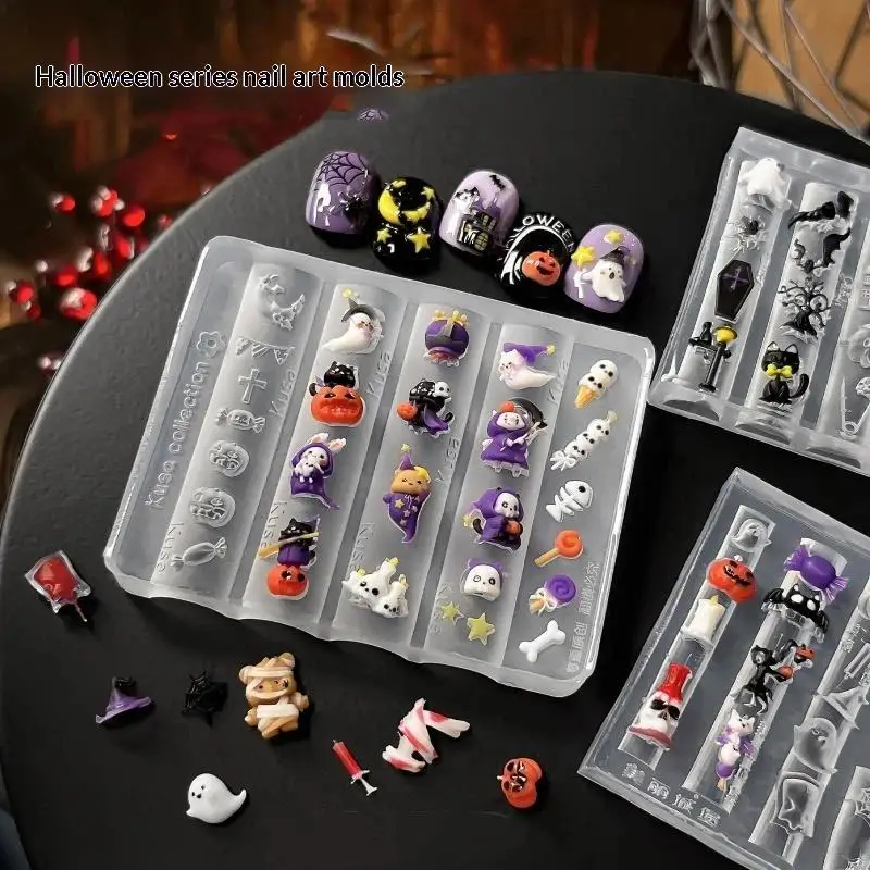 Halloween Cartoon Nail Art Silicone Mold, Ghost Pumpkin Bat 3D DIY Nail Decoration Easy Demolding Manicure Tool