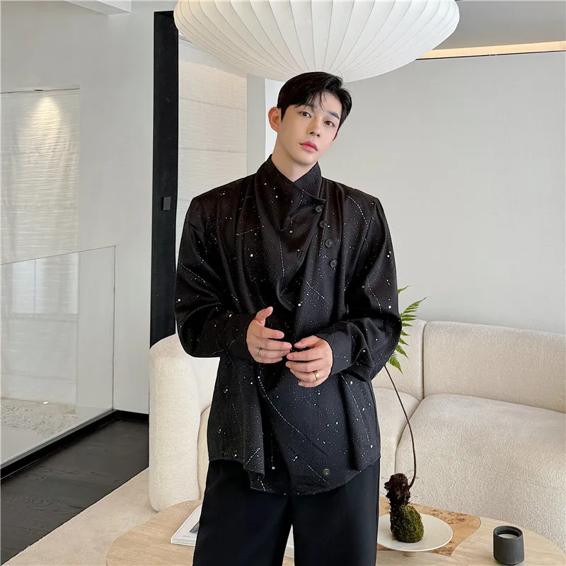 Personalized shirt men NEW Asymmetrical Stand Collar Glitter Pullover Shirt | Dark Aesthetic Drape Design, Edgy Stylish for Men