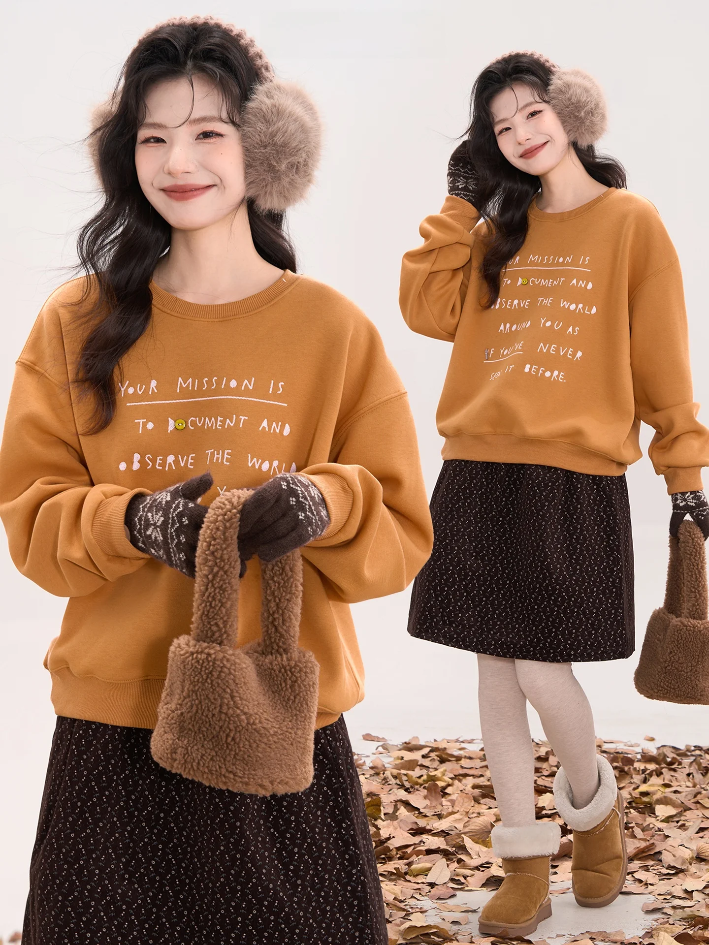 

Женская повседневная комфортная толстовка в корейском стиле с вышивкой, круглым вырезом и утолщенным флисом, модель Heme Romantic