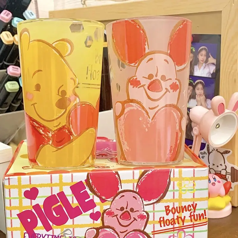 Disney Winnie the Pooh Toy Story Chip and Dale Glass Cartoon Couple Friends Cup Dormitory Home Water Cup with Gift Box for Gifts