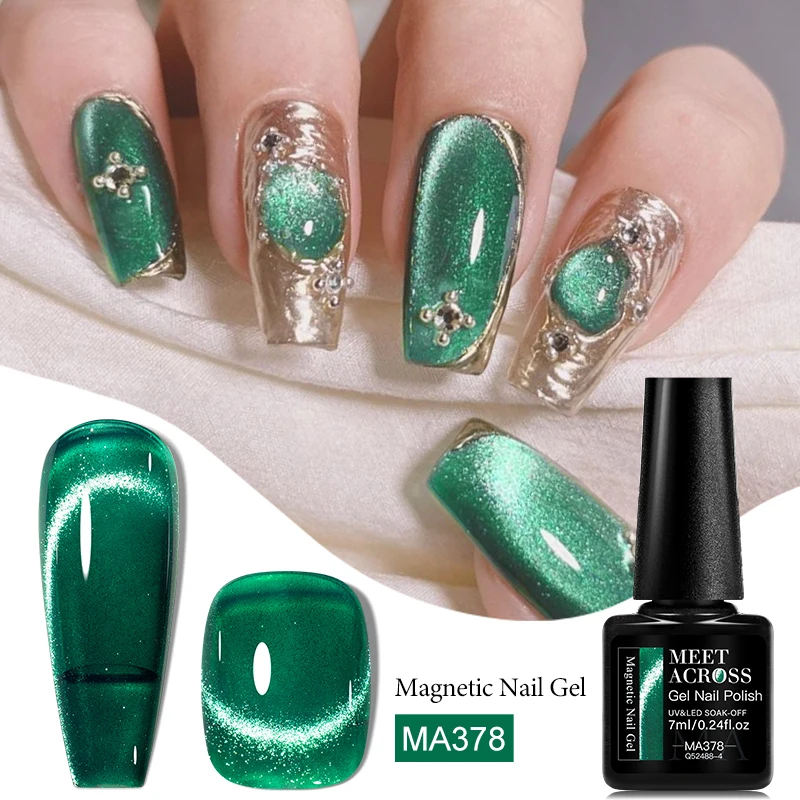 MEET ACROSS 7ml Green Glitter Cat Eye Gel Polish Christmas Magnetic Gel Semi-permanent nail polish Soak Off Gel nails supplies