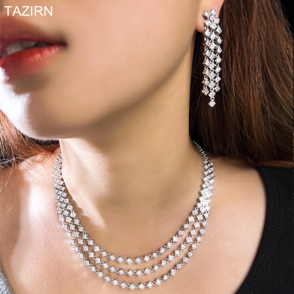 TAZIRN Dubai Arabic Style 5A Zircons Wedding Jewelry 2Pcs/Set for Women Bridal 3 Layered Design Necklace and Earrings Sets Gifts