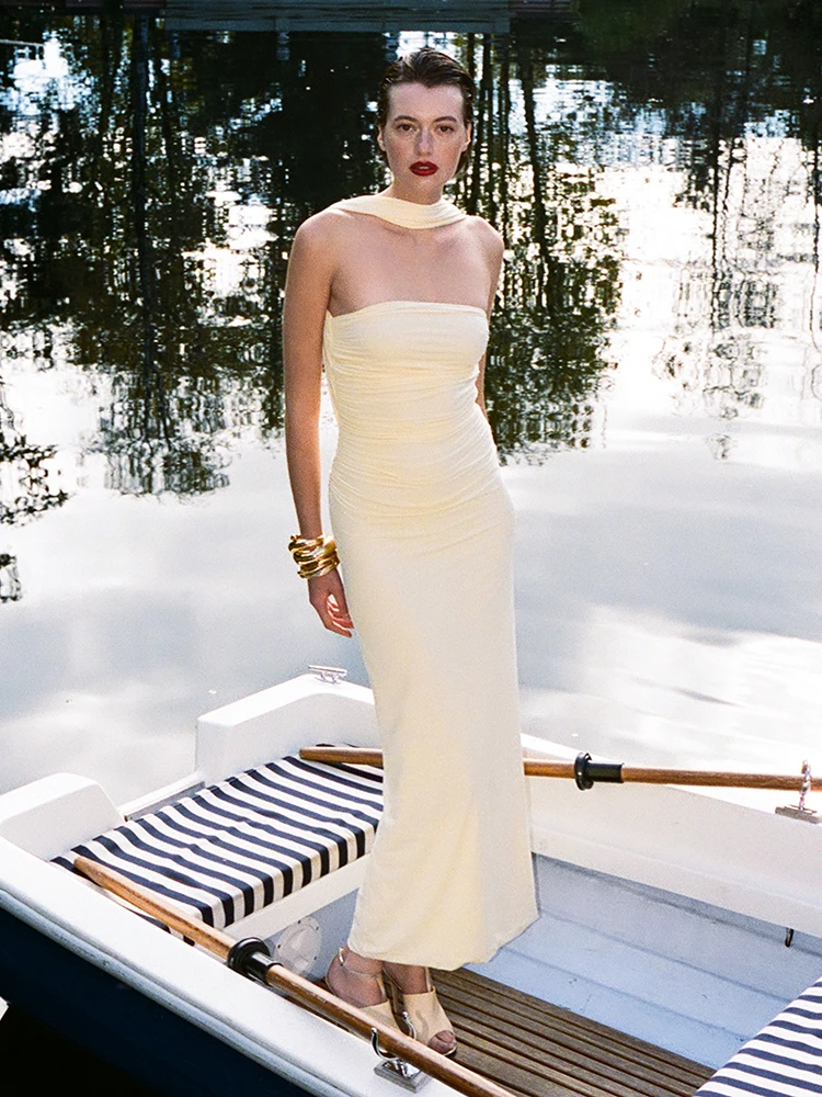 

Women Chic Off White Strapless Ruched Calf-Length Dress Back Bow Design with Asymmetric Neckline Detail for Party and Night Out