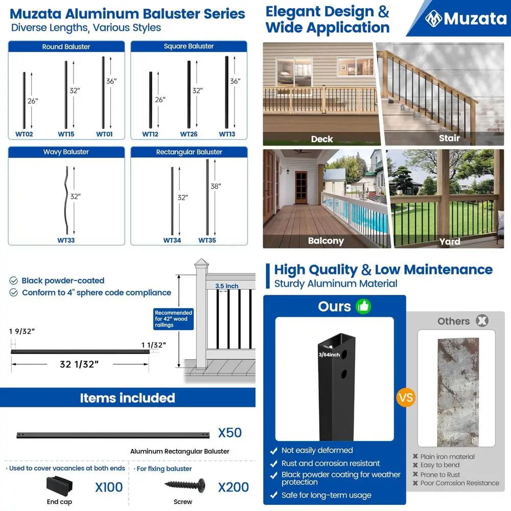 

32-Inch Deck Balusters for Metal and Composite Railing, Staircase, Porch, and Deck Spindles with Screws, Pack of 50