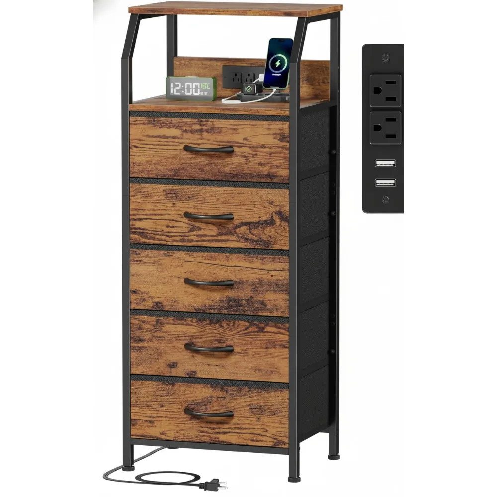 

5-Drawer Dresser with Charging Station, Tall Nightstand with Storage Shelf, Fabric Chest of Drawers for Bedroom Furniture
