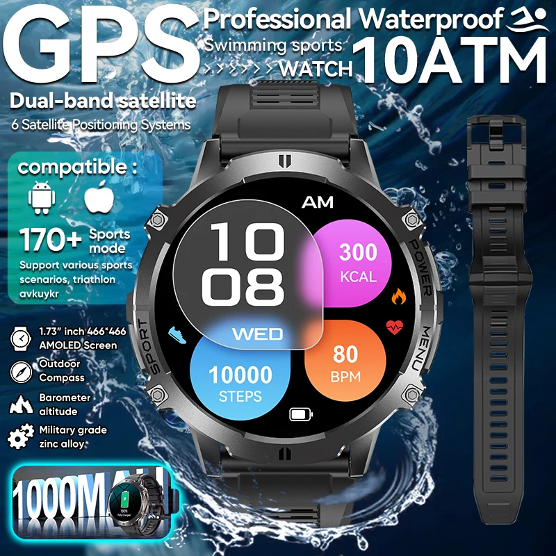 

2025 New Military Grade Smart Watch Dual-band GPS 1000mAh Battery BT Call Compass 10ATM Waterproof Sport Fitness Swim smartwatch
