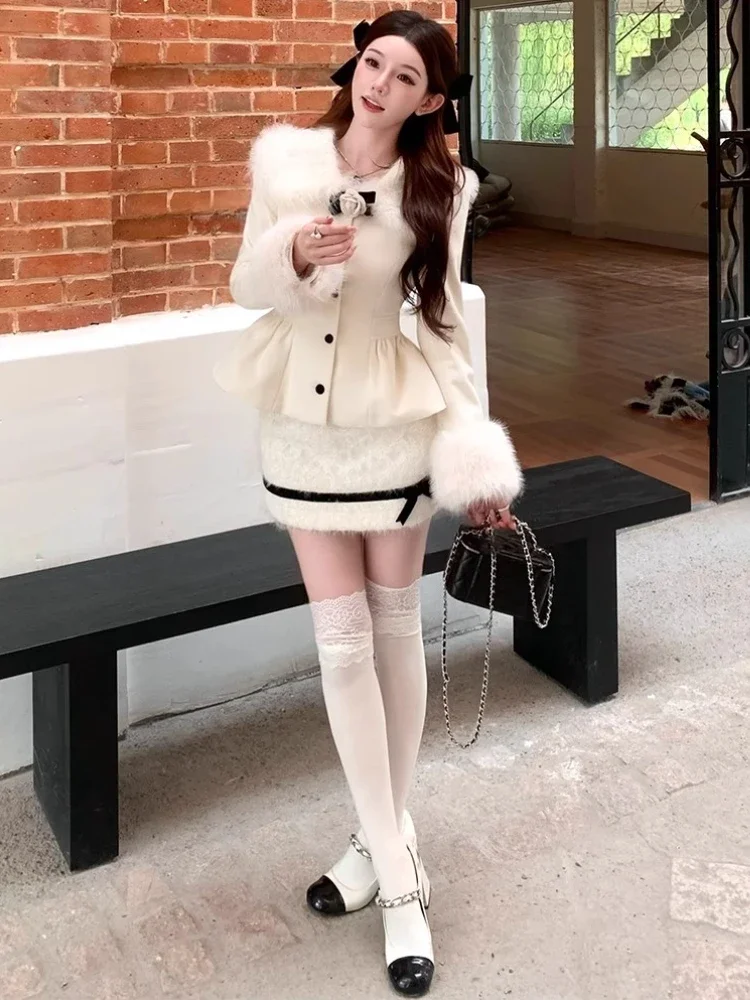 Elegant Commuting Woolen Suit Winter High-Quality Plush Lapel Waist Ruffle Edge Coat Lace Bow Splicing Skirt 2-Piece Set Women