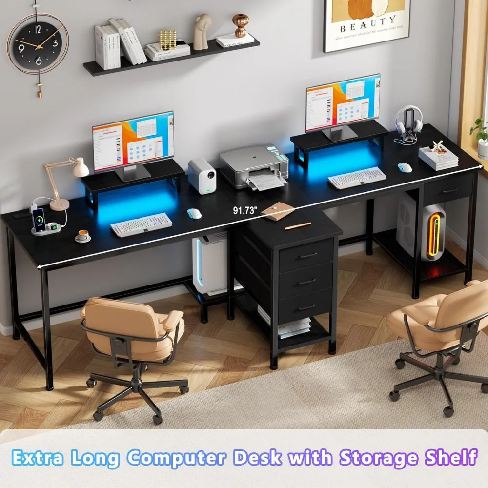 Bureau de jeu double extra long avec prise de courant et lumière LED, bureau Tatnoir, 2 supports de moniteur