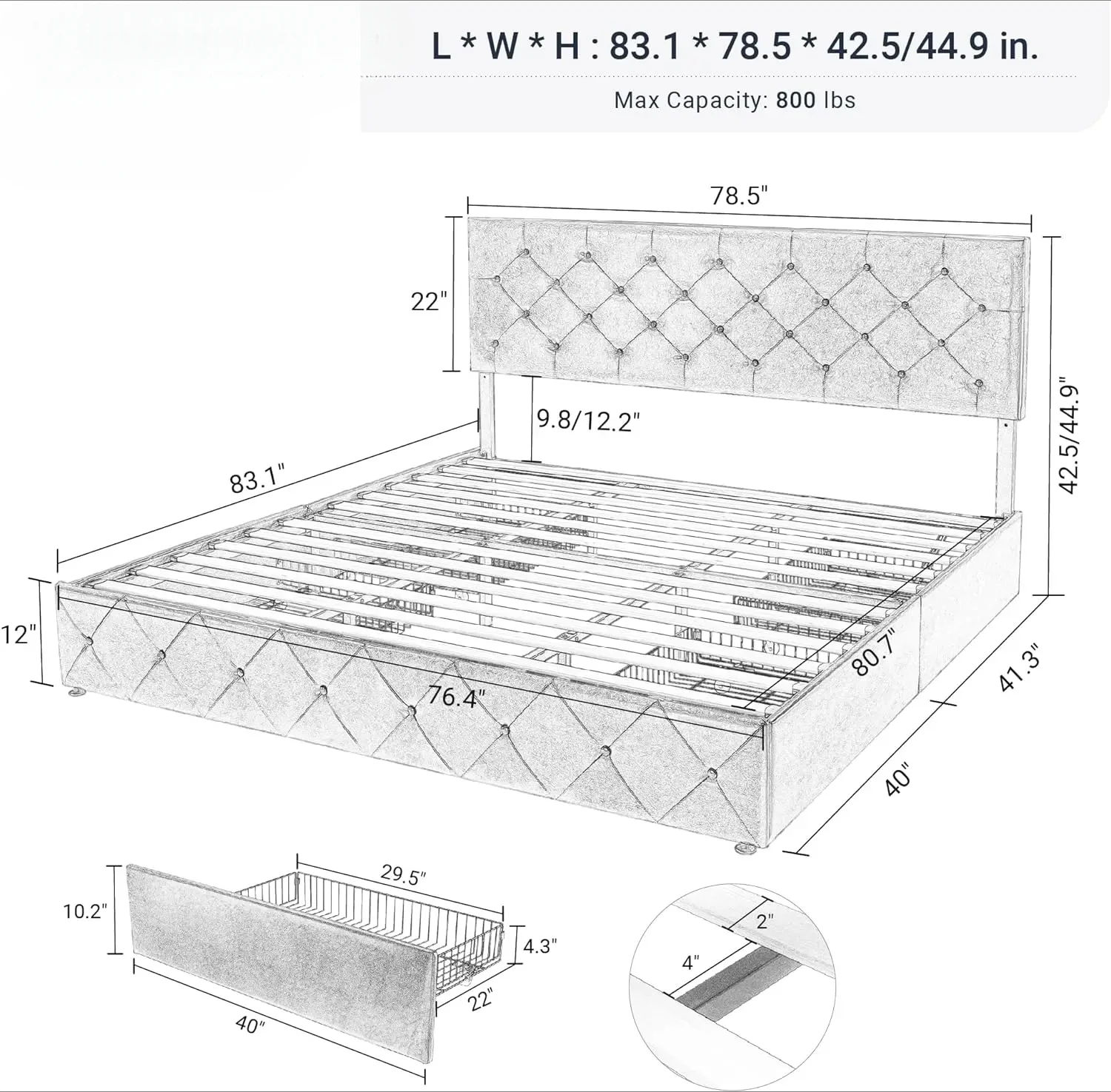 Upholstered King Size Platform Bed Frame with 4 Storage Drawers and Headboard